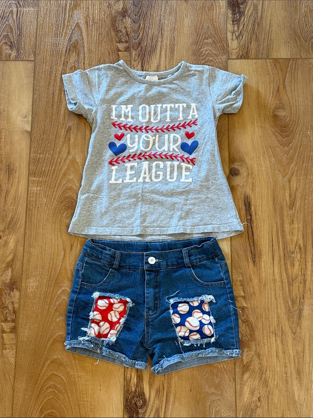 Gray 'I'm Outta Your League' Tee & Blue Denim Baseball Patch Shorts Set